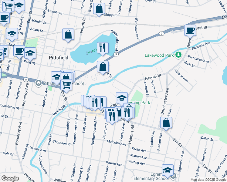 map of restaurants, bars, coffee shops, grocery stores, and more near 8 Ashley Street in Pittsfield