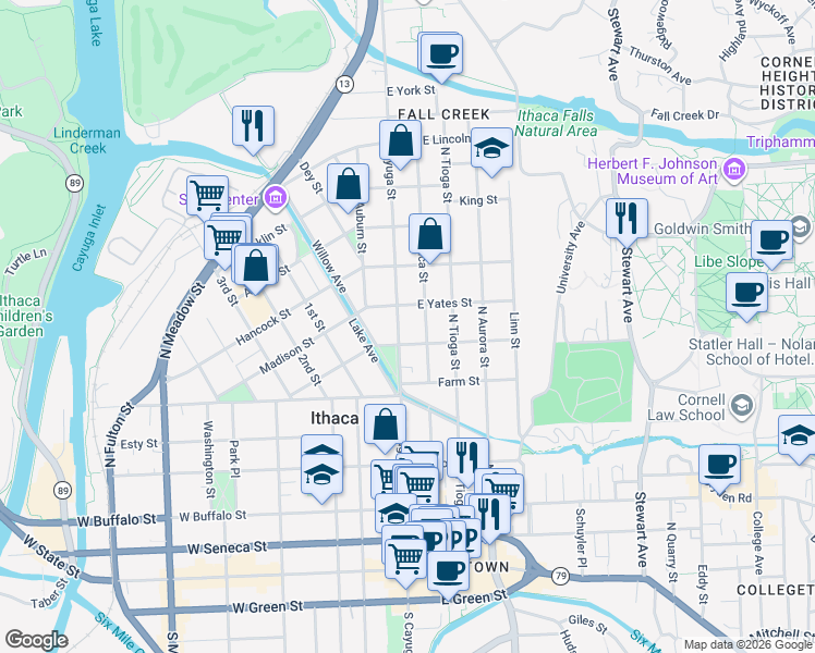 map of restaurants, bars, coffee shops, grocery stores, and more near 218 Utica Street in Ithaca