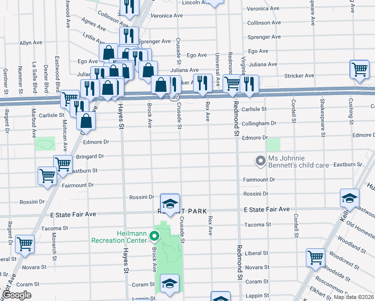 map of restaurants, bars, coffee shops, grocery stores, and more near 15610 Edmore Drive in Detroit