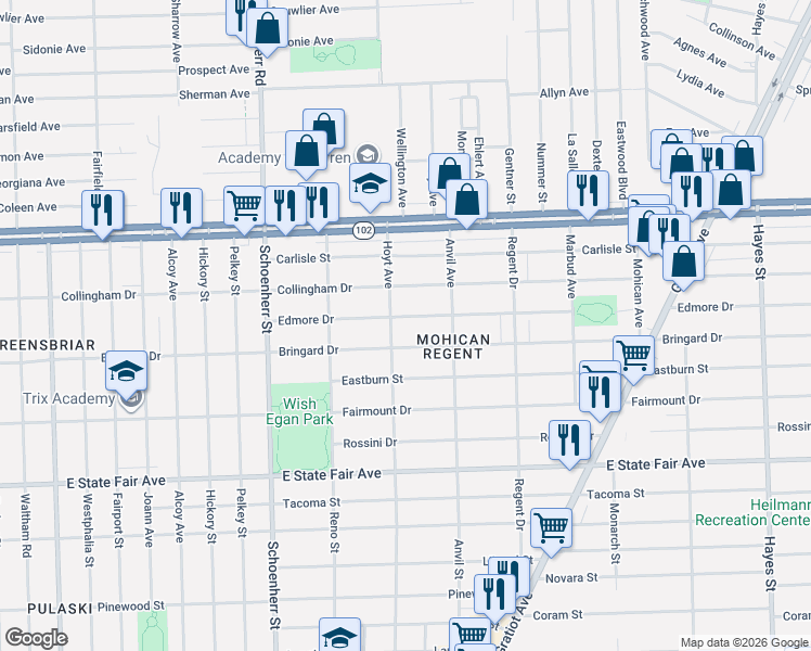 map of restaurants, bars, coffee shops, grocery stores, and more near 14015 Edmore Drive in Detroit