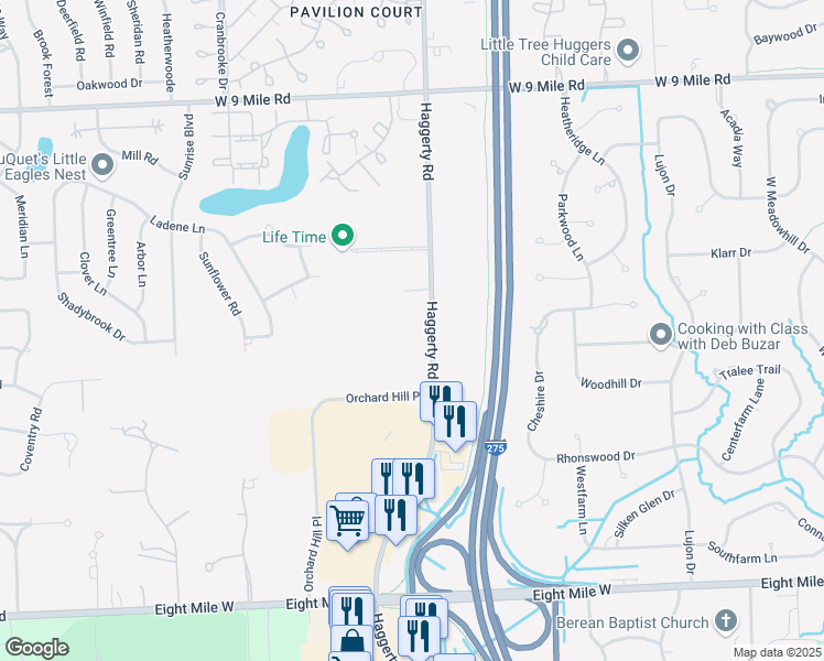 map of restaurants, bars, coffee shops, grocery stores, and more near 21625 Haggerty Road in Novi