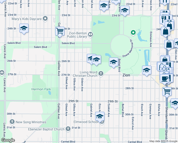 map of restaurants, bars, coffee shops, grocery stores, and more near 2611 Gideon Avenue in Zion