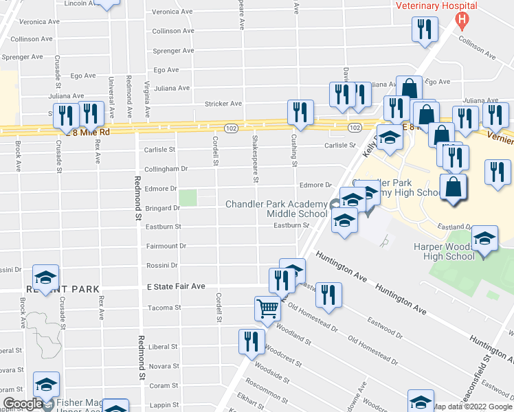 map of restaurants, bars, coffee shops, grocery stores, and more near Shakespeare Street in Detroit