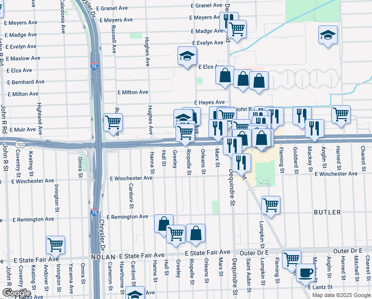map of restaurants, bars, coffee shops, grocery stores, and more near 1638 Eight Mile Road in Ferndale