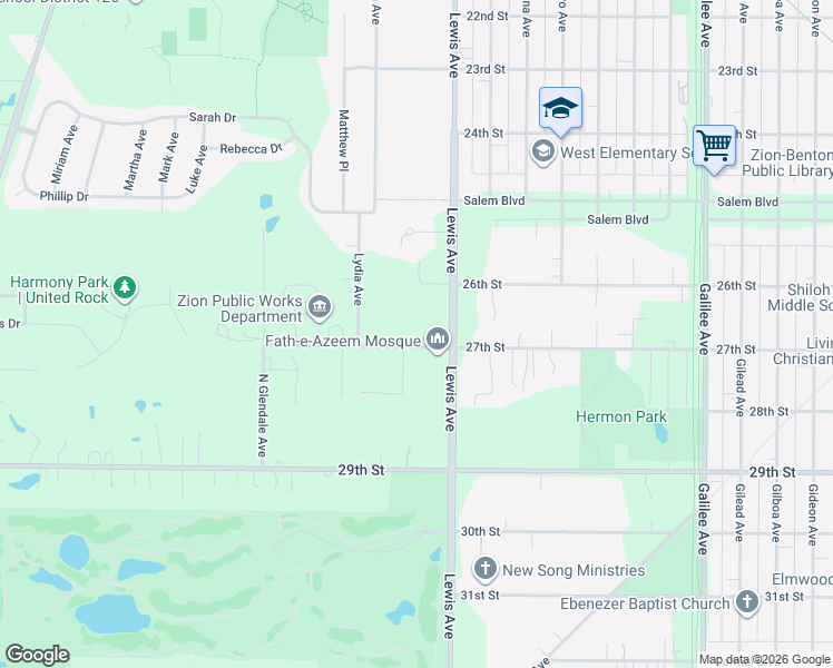 map of restaurants, bars, coffee shops, grocery stores, and more near 3212 29th Street in Zion