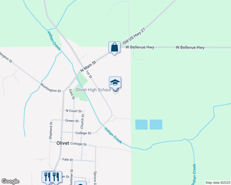 map of restaurants, bars, coffee shops, grocery stores, and more near 255 1st Street in Olivet