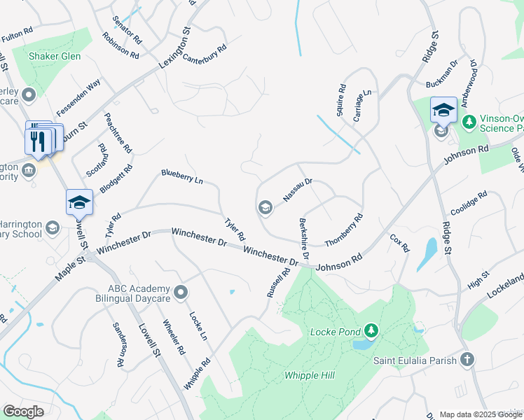 map of restaurants, bars, coffee shops, grocery stores, and more near 6 Nassau Drive in Winchester