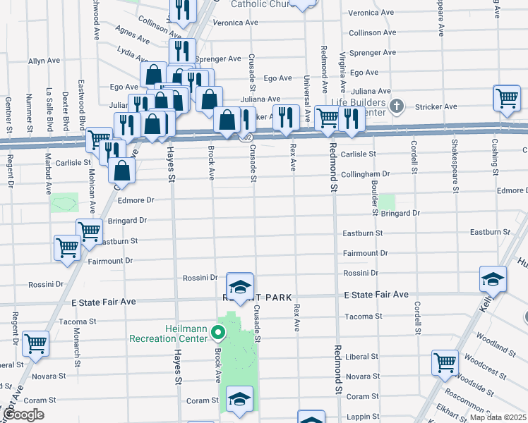 map of restaurants, bars, coffee shops, grocery stores, and more near 15610 Edmore Drive in Detroit