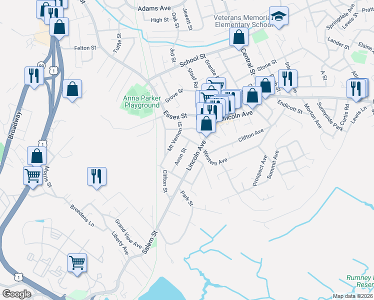 map of restaurants, bars, coffee shops, grocery stores, and more near 6 Linwood Street in Saugus