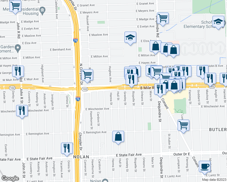 map of restaurants, bars, coffee shops, grocery stores, and more near 20522 Hanna Street in Highland Park