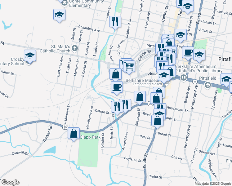 map of restaurants, bars, coffee shops, grocery stores, and more near 75B South Church Street in Pittsfield