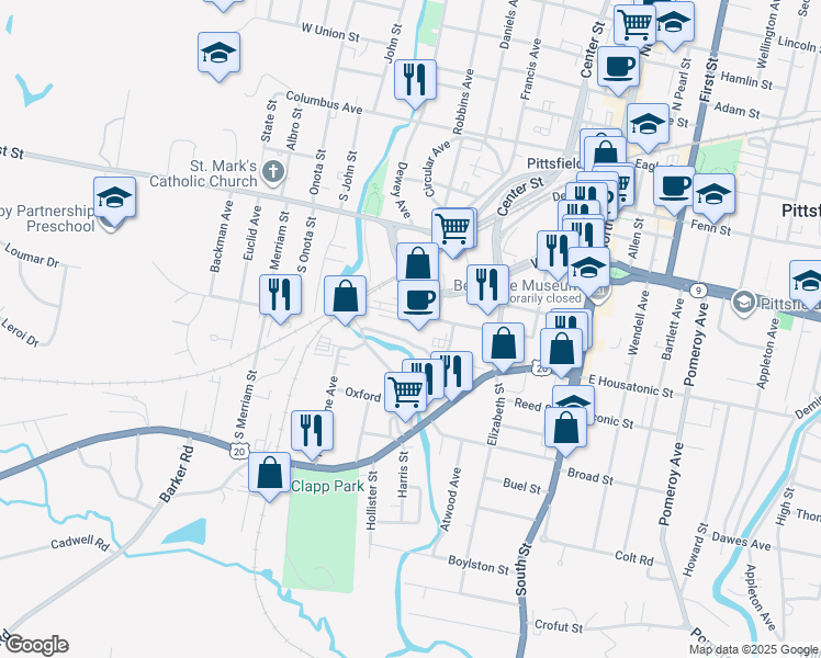 map of restaurants, bars, coffee shops, grocery stores, and more near 75B South Church Street in Pittsfield