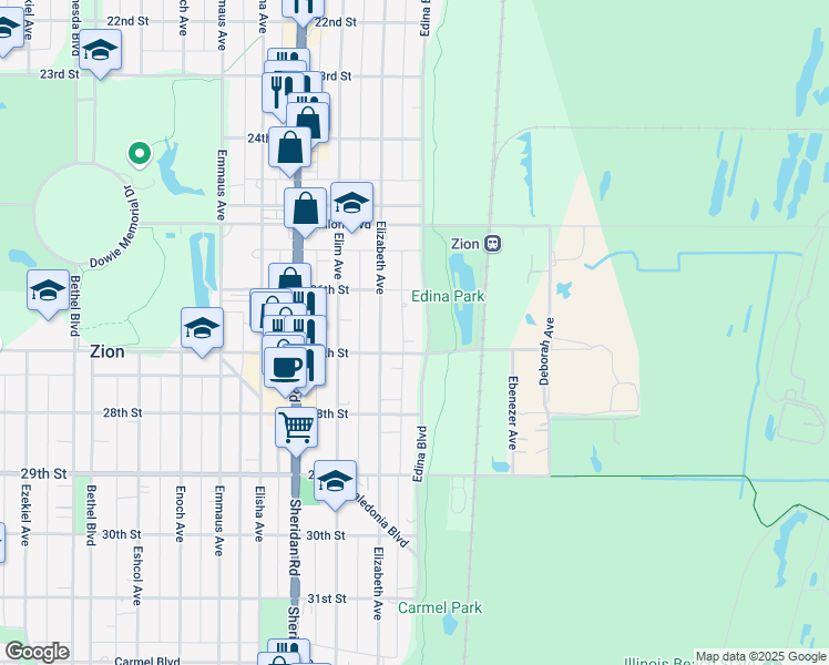 map of restaurants, bars, coffee shops, grocery stores, and more near 2610 Edina Boulevard in Zion