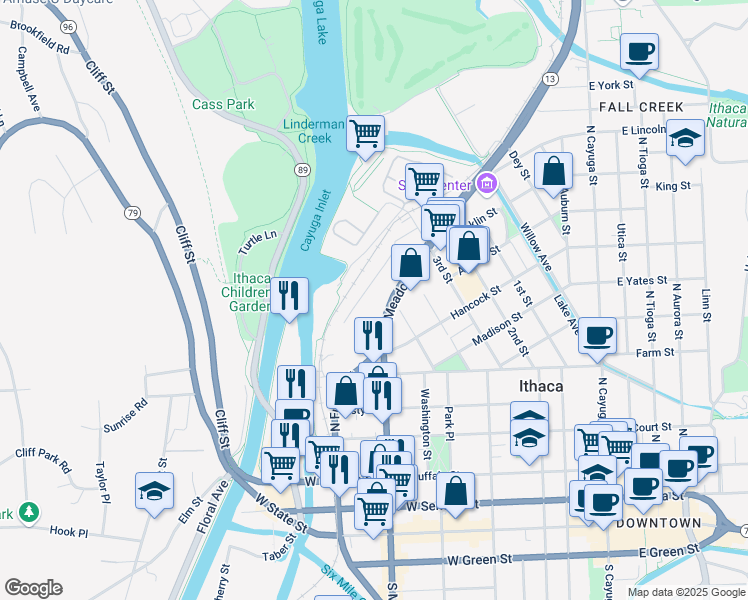map of restaurants, bars, coffee shops, grocery stores, and more near in Ithaca