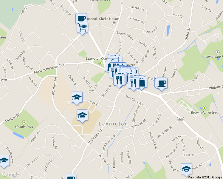 map of restaurants, bars, coffee shops, grocery stores, and more near 20 Muzzey St in Lexington