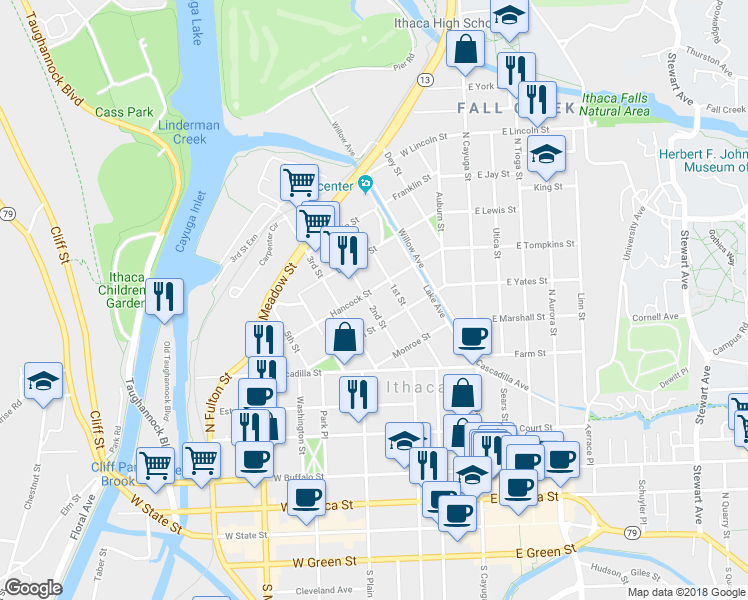 map of restaurants, bars, coffee shops, grocery stores, and more near 315 2nd Street in Ithaca