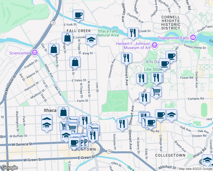 map of restaurants, bars, coffee shops, grocery stores, and more near 308 University Avenue in Ithaca