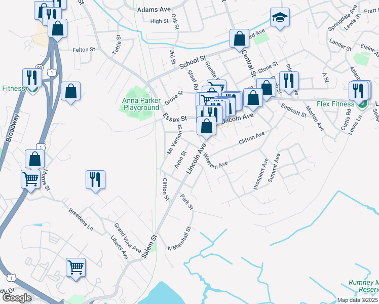 map of restaurants, bars, coffee shops, grocery stores, and more near 6 Linwood Street in Saugus