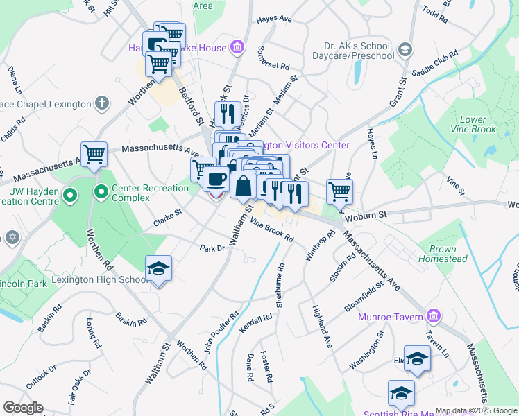 map of restaurants, bars, coffee shops, grocery stores, and more near in Lexington