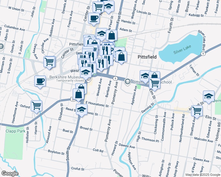 map of restaurants, bars, coffee shops, grocery stores, and more near 28 Bartlett Avenue in Pittsfield