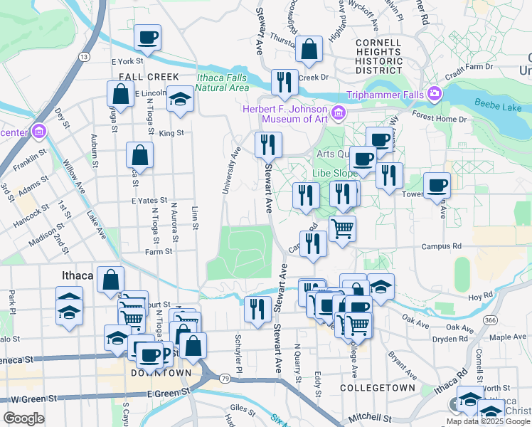 map of restaurants, bars, coffee shops, grocery stores, and more near 109 Llenroc Court in Ithaca