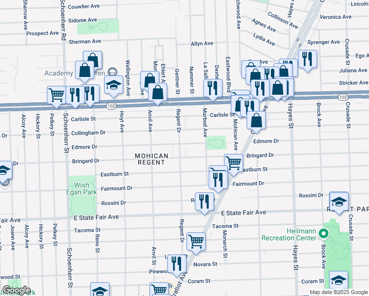 map of restaurants, bars, coffee shops, grocery stores, and more near 20248 Regent Drive in Detroit