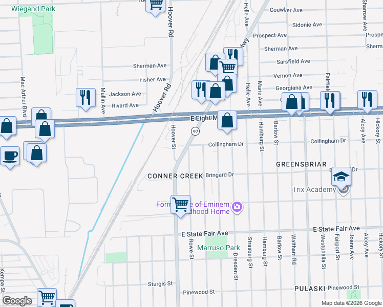 map of restaurants, bars, coffee shops, grocery stores, and more near 20295 Rowe Street in Detroit