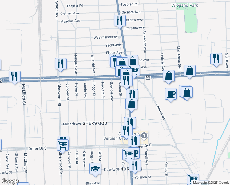 map of restaurants, bars, coffee shops, grocery stores, and more near 20453 Stotter Street in Detroit