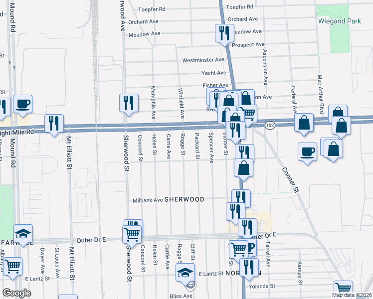 map of restaurants, bars, coffee shops, grocery stores, and more near 20468 Rogge Street in Detroit