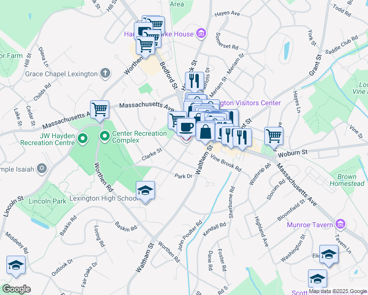 map of restaurants, bars, coffee shops, grocery stores, and more near 2 Raymond Street in Lexington