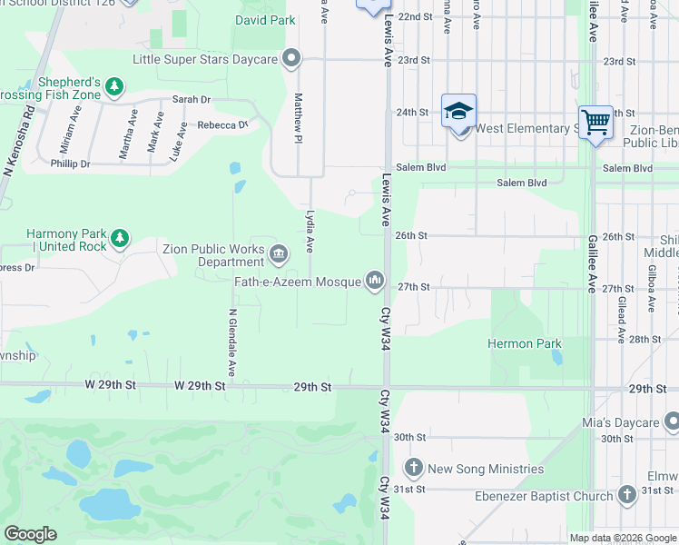 map of restaurants, bars, coffee shops, grocery stores, and more near 3212 29th Street in Zion