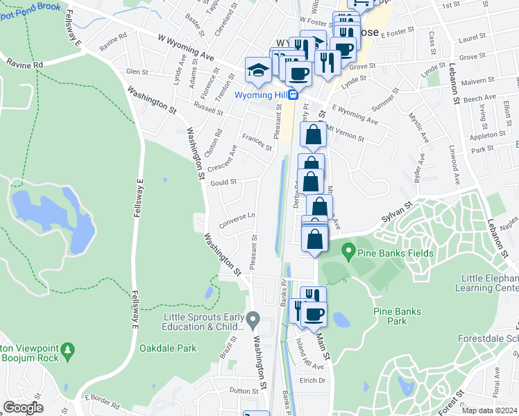 map of restaurants, bars, coffee shops, grocery stores, and more near 175 Pleasant Street in Melrose