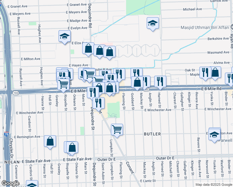 map of restaurants, bars, coffee shops, grocery stores, and more near 2050 East 8 Mile Road in Detroit