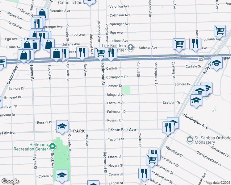 map of restaurants, bars, coffee shops, grocery stores, and more near 16075 Bringard Drive in Detroit
