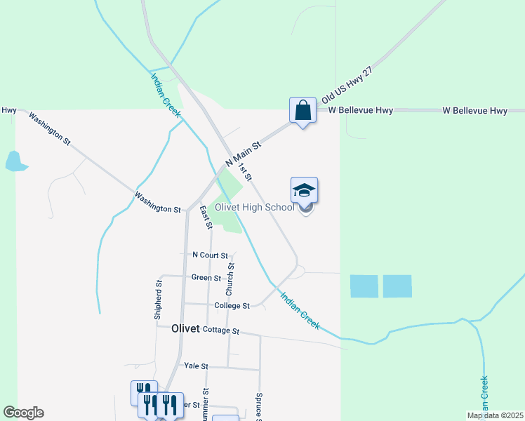 map of restaurants, bars, coffee shops, grocery stores, and more near 168 1st Street in Olivet