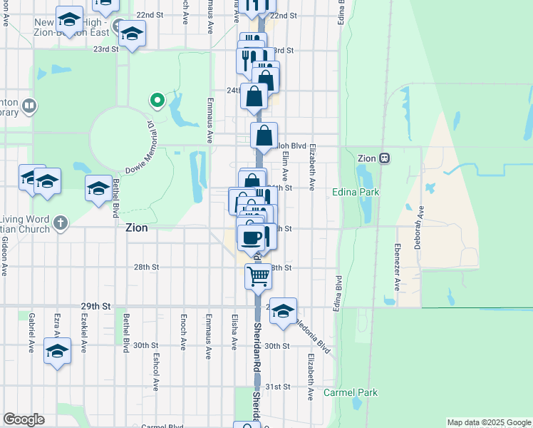 map of restaurants, bars, coffee shops, grocery stores, and more near 2647 Sheridan Road in Zion