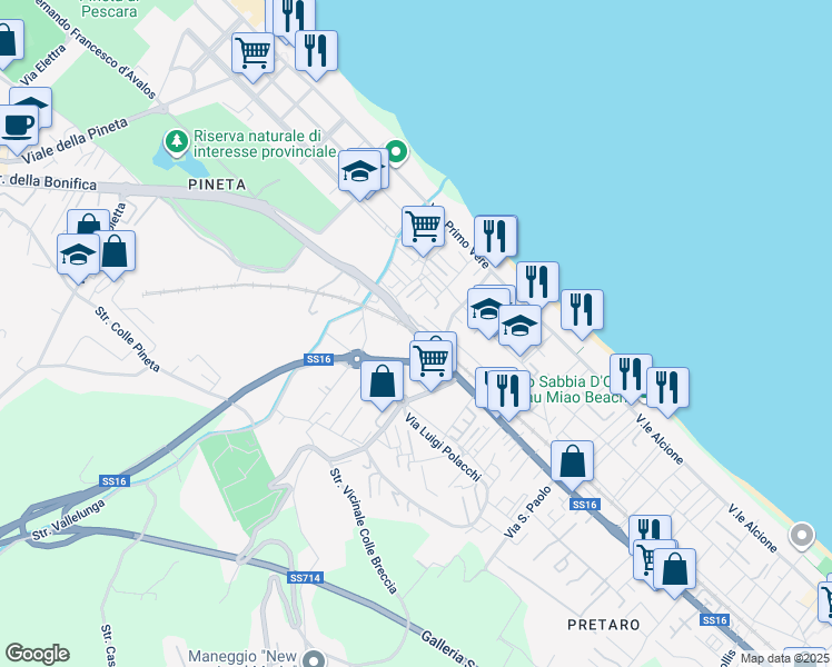 map of restaurants, bars, coffee shops, grocery stores, and more near Viale Antonelli in Pescara