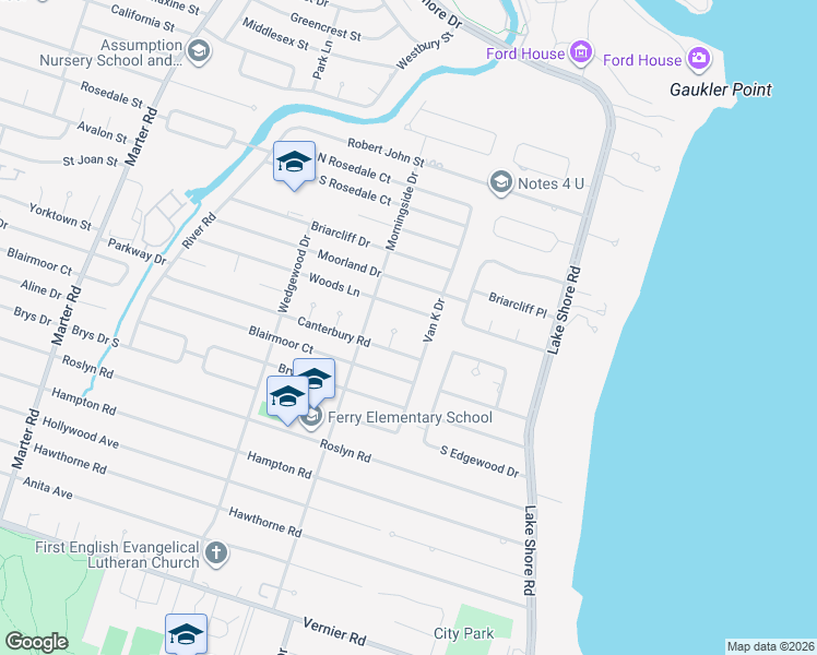 map of restaurants, bars, coffee shops, grocery stores, and more near 608 East Canterbury Court in Grosse Pointe Woods