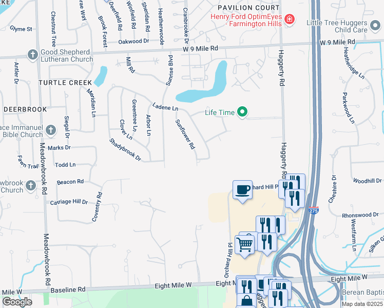 map of restaurants, bars, coffee shops, grocery stores, and more near 21643 Sunflower Road in Novi