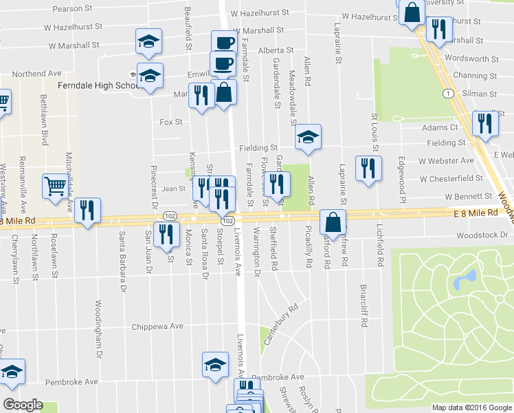 map of restaurants, bars, coffee shops, grocery stores, and more near 146 Farmdale Street in Ferndale