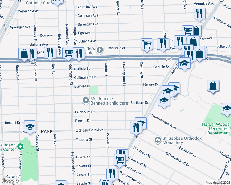 map of restaurants, bars, coffee shops, grocery stores, and more near 16451 Bringard Drive in Detroit