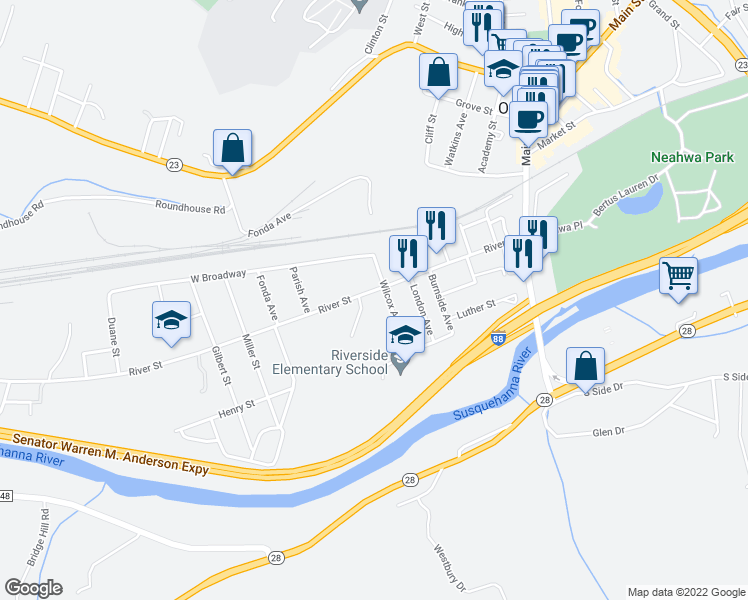 map of restaurants, bars, coffee shops, grocery stores, and more near 75 River Street in Oneonta