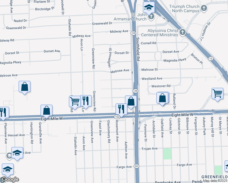 map of restaurants, bars, coffee shops, grocery stores, and more near 18331 Westover Avenue in Southfield