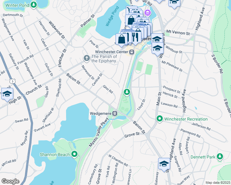 map of restaurants, bars, coffee shops, grocery stores, and more near 24 Ginn Road in Winchester