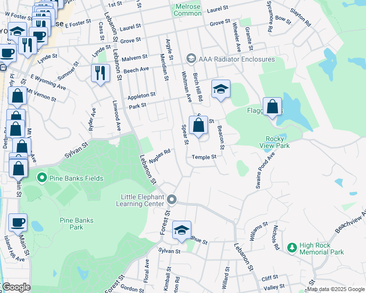map of restaurants, bars, coffee shops, grocery stores, and more near 22 Spear Street in Melrose