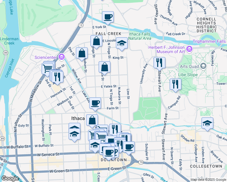 map of restaurants, bars, coffee shops, grocery stores, and more near 613 North Tioga Street in Ithaca