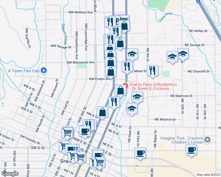 map of restaurants, bars, coffee shops, grocery stores, and more near 850 Northwest 6th Street in Grants Pass