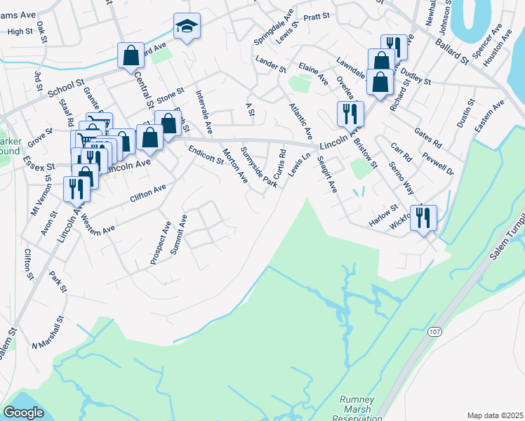 map of restaurants, bars, coffee shops, grocery stores, and more near 47 Morton Avenue in Saugus