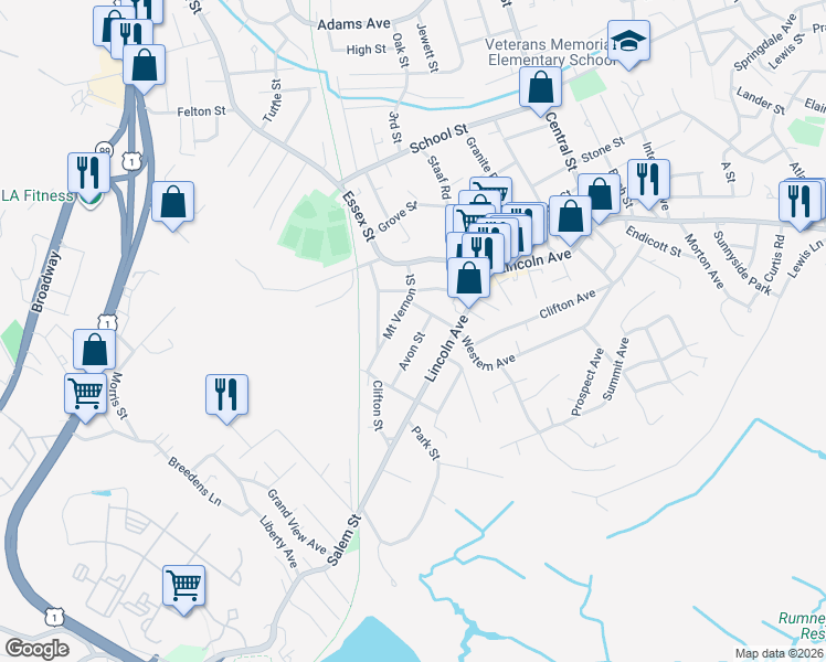 map of restaurants, bars, coffee shops, grocery stores, and more near 28 Mount Vernon Street in Saugus