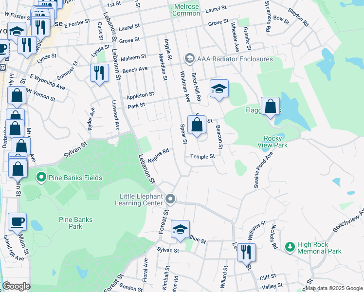 map of restaurants, bars, coffee shops, grocery stores, and more near 22 Spear Street in Melrose